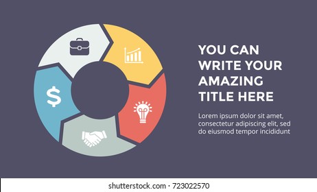 Vector circle arrows infographic, cycle diagram, graph, presentation chart. Business infographics concept with 5 options, parts, steps, processes. 16x9 dark slide template.