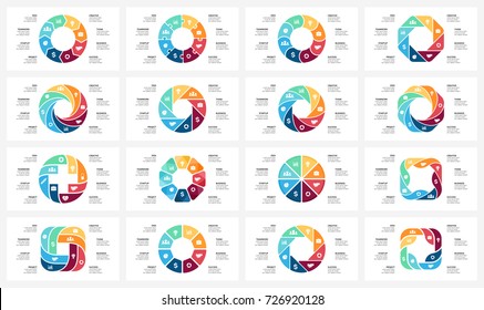 Vector circle arrows infographic, cycle diagram, graph, presentation chart. Business infographics concept with 8 options, parts, steps, processes. 16x9 slide templates bundle.