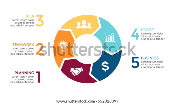 Vector circle arrows infographic, cycle\
diagram, graph, presentation chart. Business concept with 5 round\
options, circular parts, equal steps, processes. 16x9 slide.\
Creative infographics