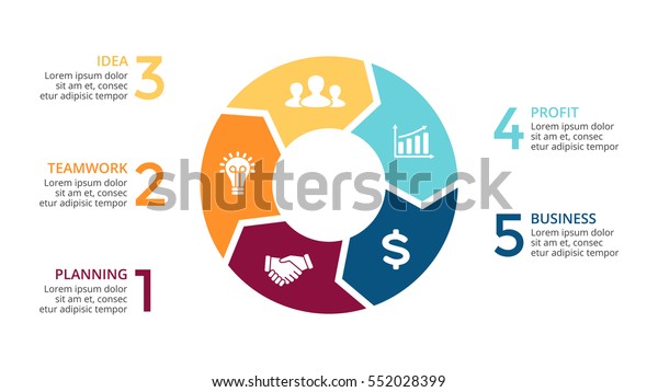 ベクトル円の矢印インフォグラフィック サイクル図 グラフ プレゼンテーション図 5つのラウンドオプション 円形パーツ 同じステップ プロセスを備えたビジネスコンセプト 16x9スライドクリエイティブインフォグラフィック のベクター画像素材 ロイヤリティ