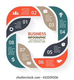 Vector circle arrows infographic, diagram, graph, presentation, info chart. Business cycle concept with 8 options, parts, steps, processes. Infographic data round square stripe lines template.