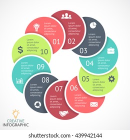Vector circle arrows infographic, diagram, graph, presentation, chart. Business flower cycle concept with 10 options, parts, steps, processes. Infographics wheel data template.