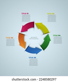 Infografik von Vektorkreispfeilen. Moderne Infografik-Vorlage. Abstraktes Diagramm mit 5 Schritten, Optionen, Teilen oder Prozessen. Vektorgeschäftsvorlage zur Präsentation. 