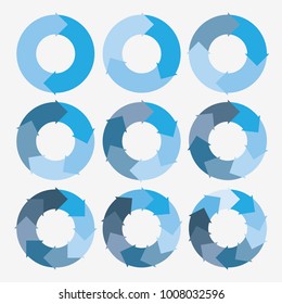 Vector Circle Arrows For Infographic Template, Pie Charts Blue With 2, 3, 4, 5, 6, 7, 8, 9, 10 Steps