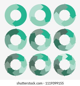 vector circle arrows for infographic template, pie charts green with 2, 3, 4, 5, 6, 7, 8, 9, 10 steps