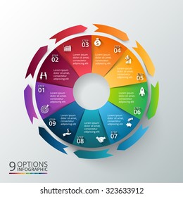 Vector circle with arrows for infographic. Template for cycle diagram, graph, presentation and round chart. Business concept with 9 options, parts, steps or processes. Abstract background.