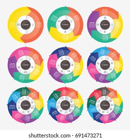 vector circle arrows for infographic template, pie charts with 2, 3, 4, 5, 6, 7, 8, 9, 10 steps