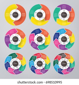 Vector Circle Arrows For Infographic Template, Pie Charts With 2, 3, 4, 5, 6, 7, 8, 9, 10 Steps