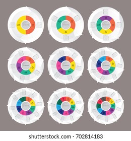 vector circle arrows for infographic template, pie charts with 2, 3, 4, 5, 6, 7, 8, 9, 10 steps