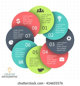 Vector circle arrows infographic, timeline diagram, target graph, presentation, project chart. Business cycle concept with 8 options, parts, steps, processes. Infographics data template. Color flower.