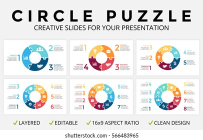 Vector circle arrows infographics, cycle diagram, puzzle jigsaw graph, 16x9 slide presentation pie chart. Business infographic template 3, 4, 5, 6, 7, 8 options, part, step, process. Clean design