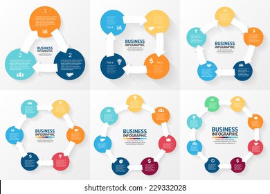 Vector circle arrows infographics set. Template for diagram, graph, presentation and chart. Business concept with 3, 4, 5, 6, 7, 8 options, parts, steps or processes. Abstract background.