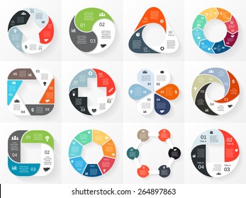 Vector circle arrows infographics set. Template for cycle diagram, graph, presentation and round chart. Business concept with 3, 4, 5, 6, 7, 8 options, parts, steps or processes. Abstract background.