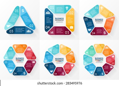 Vector circle arrows infographics set. Template for cycle diagram, graph, presentation and round chart. Business concept with 3, 4, 5, 6, 7, 8 options, parts, steps or processes. Data visualization.