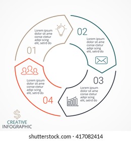 Vector circle arrows linear infographic, diagram, graph, presentation, chart. Business cycle concept with 4 options, parts, steps, processes. Infographics data template.