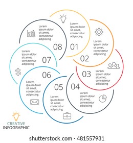 Vector circle arrows linear infographic, cycle diagram, minimal graph, flat presentation chart. Business concept with 8 options, parts, steps, processes.