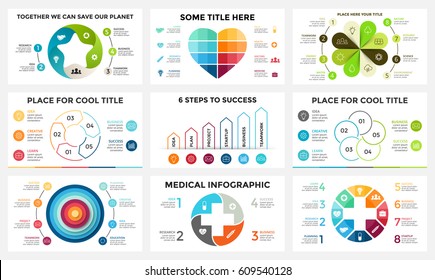 Vector circle arrows linear infographic, cycle diagram, graph, presentation chart. Business concept with 4, 5, 8 options, parts, steps, process. Medicine plus health, heart love, ecology flower nature