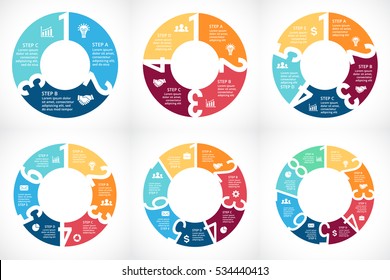 Las flechas de círculo vectorial son los números 1, 2, 3, 4, 5, 6, 7, 8 infografía, diagrama, gráfico, presentación, gráfico. Concepto de ciclo de negocios con opciones, partes, pasos, procesos. Plantilla de datos de numeración.Reloj.