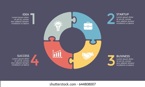 Vector circle arrows puzzle infographic, cycle diagram, graph, presentation chart. Business concept with 4 options, parts, steps, processes. 16x9 dark slide template.