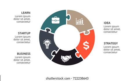 Vector circle arrows puzzle infographic, cycle diagram, geometric graph, presentation chart. Business infographics concept with 5, options, parts, steps, processes. 16x9 slide template.