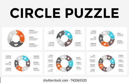 Vector circle arrows puzzle infographic, cycle diagram, graph, slide presentation chart. Business infographics concept with 3, 4, 5, 6, 7, 8 options, parts, steps, processes.