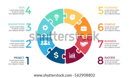 Vector circle arrows puzzle infographic, cycle diagram, jigsaw graph, presentation chart. Business infographics with 8 options, parts, steps, processes. 16x9 slide template.