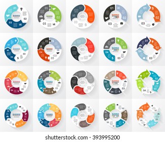 Vector circle arrows sign infographic set. 3, 4, 5, 6 options, parts, steps. Cycle diagram, symbol graph, puzzle presentation, round chart. Business infographics concept template with data processes.