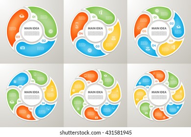 Vector circle arrows sign infographic set. 3, 4, 5, 6, 7, 8 options, parts, steps. Cycle diagram, graph, puzzle presentation, round chart. Business template with data processes.