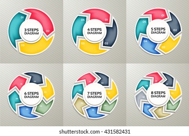 Vector circle arrows sign infographic set. 3, 4, 5, 6, 7, 8 options, parts, steps. Cycle diagram, graph, puzzle presentation, round chart. Business concept template with data processes.