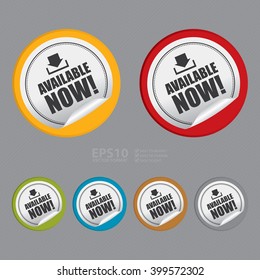 Vector : Circle Available Now Product Label Infographics Flat Icon, Peeling Sticker, Sign