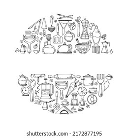 Vector circle  background of kitchen tools. Hand drawn doodle cooking equipments. illustration for restaurant menu, recipe book, and wallpaper.