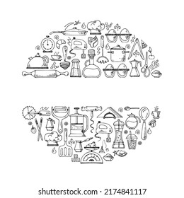 Vector circle  background of kitchen tools. Hand drawn doodle cooking equipments. illustration for restaurant menu, recipe book, and wallpaper.