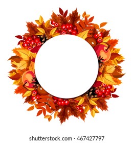 Vector circle background with red, orange, yellow and brown autumn leaves, apples, cones, rowanberries and chestnuts.