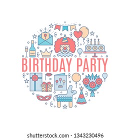 Vector circle banner with Birthday party elements in line style. Happy Birthday illustration
