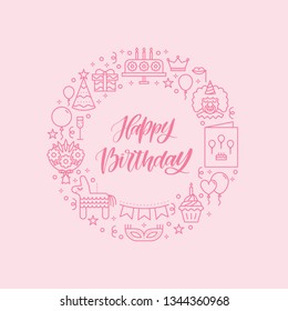 Vector circle banner with Birthday party elements in line style. Happy Birthday hand written calligraphy
