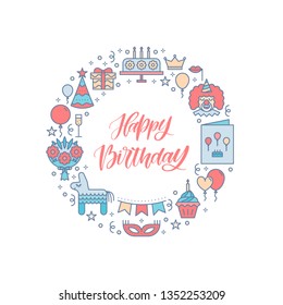Vector circle banner with Birthday party elements in line style. Happy Birthday hand written calligraphy with colorful symbols