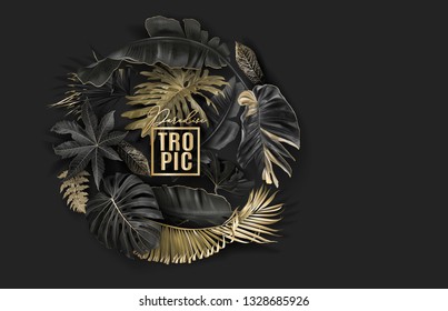 Vector circle banner with black and gold tropical leaves on dark background. Exotic botanical design for cosmetics, spa, perfume, beauty salon, travel agency, florist shop. Best as packaging design