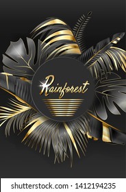 Vector circle banner with black and gold tropical leaves on dark background. Cosmetics, spa, perfume, beauty salon, travel agency, florist shop. Rainforest.