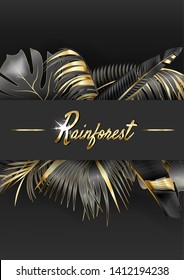 Vector circle banner with black and gold tropical leaves on dark background. Cosmetics, spa, perfume, beauty salon, travel agency, florist shop. Rainforest.