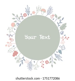 Vector circle banner with cute doodle forest elements.