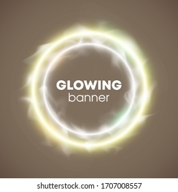 Vector circle banner. Flyer round design template with glowing neon tube circle around background. Flash effect