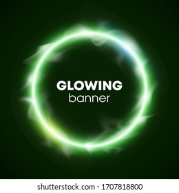 Vector circle banner. Flyer round design template with glowing neon tube circle around background. Flash effect