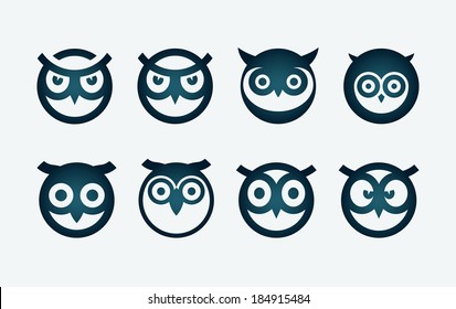 Vector circle based owl head symbol set.