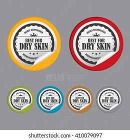 Vector : Circle Best For Dry Skin Highly Recommended Dermatologically Tested - Product Label, Campaign Promotion Infographics Flat Icon, Peeling Sticker, Sign