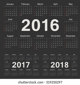 Vector circle black calendars 2016, 2017, 2018. Week starts from Sunday.