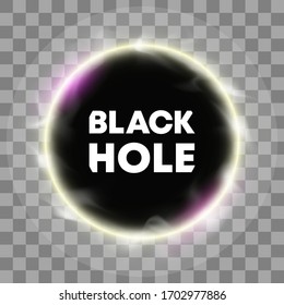 Banner del portal del agujero negro del vector. Plano de diseño redondo volante con círculo de neón brillante alrededor del fondo. Efecto Flash