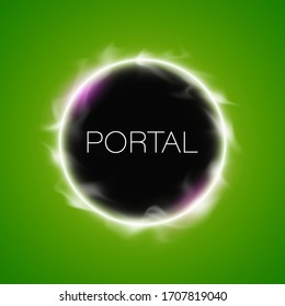 Vector circle Black Hole Portal banner. Flyer round design template with glowing neon tube circle around background. Flash effect