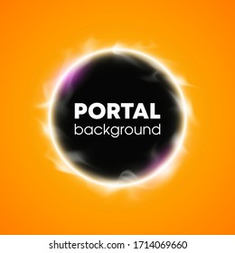 Vector circle Black Hole Portal banner. Flyer round design template with glowing neon tube circle around background. Flash effect