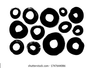 Vector circle black paint brush strokes collection. Calligraphy round smears, stamp, lines. Hand drawn ink illustration isolated on white background. Vector ink brush stroke, line and texture