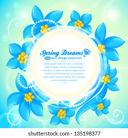 Vector circle of blue flowers greeting card background